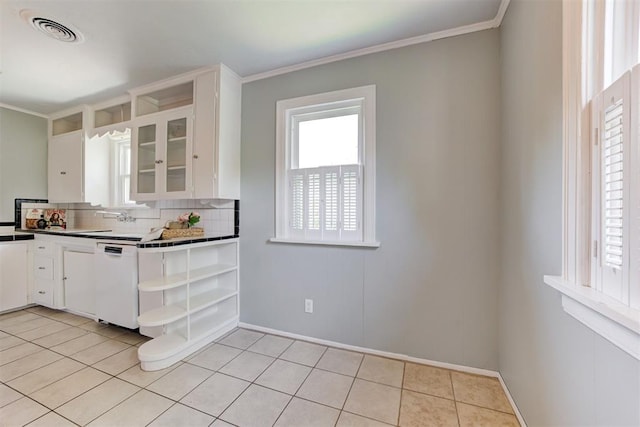 701 NW 46th St, Oklahoma City, OK 73118 - kitchen featuring open shelves, white dishwasher, white cabinetry, decorative backsplash, and crown molding