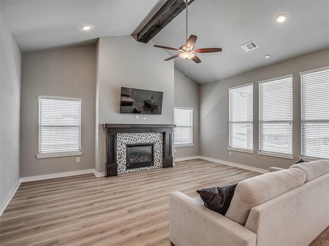 3903 Painted Bird Ln, Norman, OK 73071 - living area with ceiling fan, light wood-type flooring, a tiled fireplace, and recessed lighting