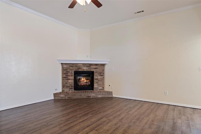 11829 NW 133rd St, Piedmont, OK 73078 - unfurnished living room with wood finished floors, a ceiling fan, crown molding, and a fireplace