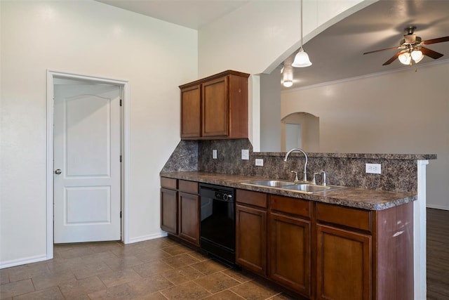 11829 NW 133rd St, Piedmont, OK 73078 - kitchen featuring black dishwasher, dark countertops, a peninsula, a ceiling fan, and decorative backsplash