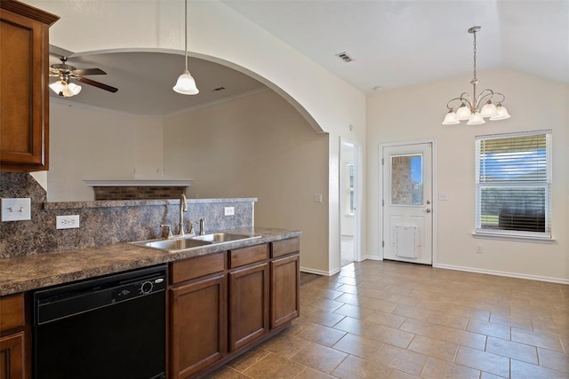 11829 NW 133rd St, Piedmont, OK 73078 - kitchen with black dishwasher, arched walkways, backsplash, brown cabinets, and vaulted ceiling