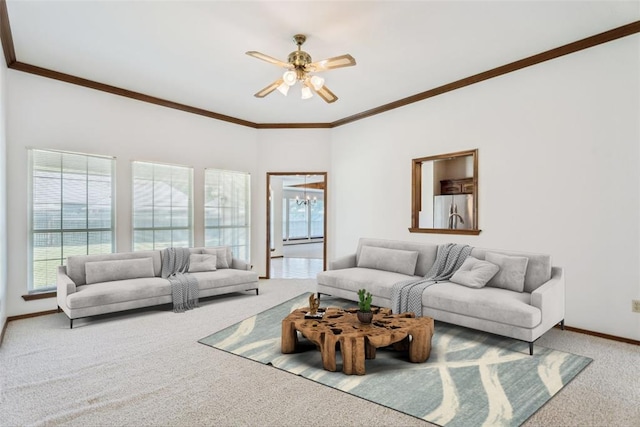 8317 NW 105th St, Oklahoma City, OK 73162 - living room featuring carpet flooring, a ceiling fan, and crown molding