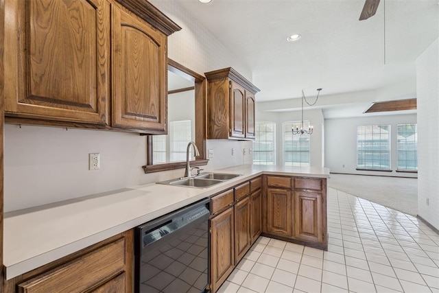 8317 NW 105th St, Oklahoma City, OK 73162 - kitchen featuring dishwasher, light countertops, light tile patterned floors, light carpet, and a chandelier