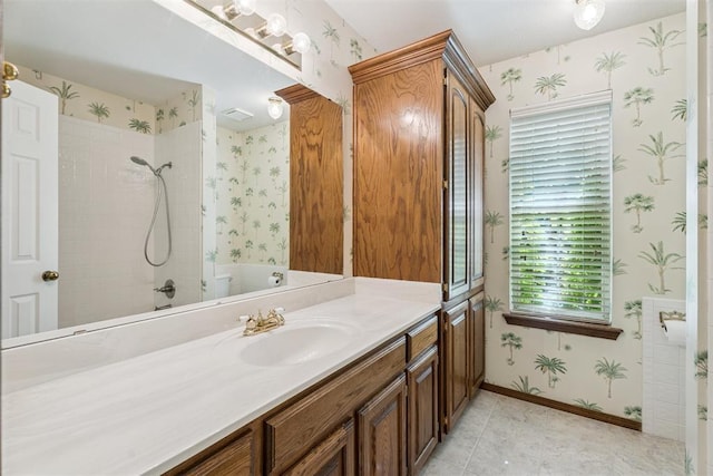 8317 NW 105th St, Oklahoma City, OK 73162 - full bath with wallpapered walls, vanity, and a tile shower