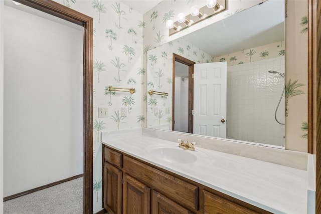 8317 NW 105th St, Oklahoma City, OK 73162 - full bath with vanity, wallpapered walls, and tiled shower