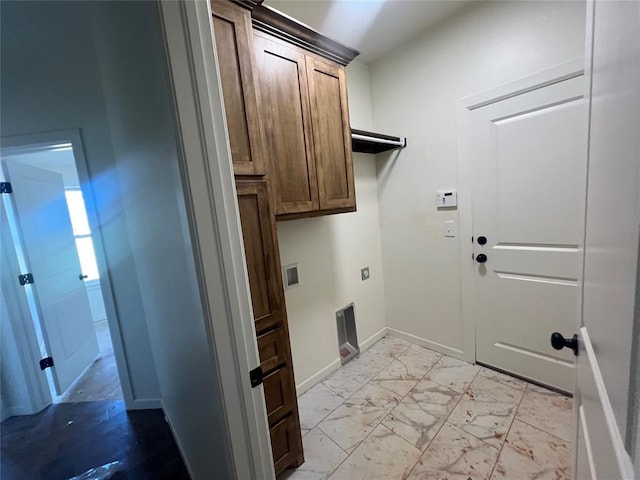 681 Cedar Hill Way, Washington, OK 73093 - laundry room with hookup for an electric dryer, light marble finish floors, cabinet space, and hookup for a washing machine