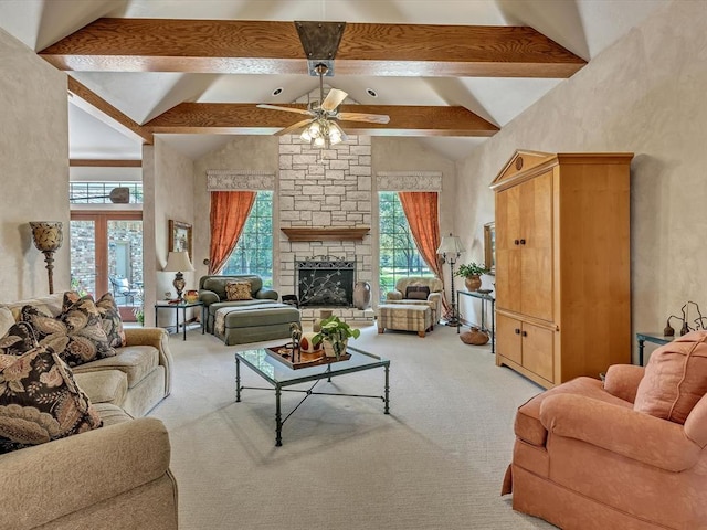4109 Riva Ridge Ct, Edmond, OK 73003 - living room with beam ceiling, light carpet, ceiling fan, high vaulted ceiling, and a fireplace