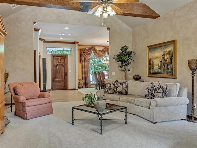4109 Riva Ridge Ct, Edmond, OK 73003 - living area with a ceiling fan, light carpet, and lofted ceiling