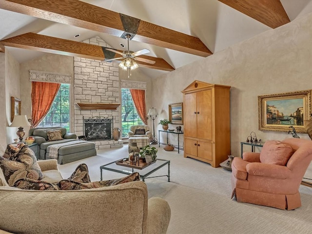 4109 Riva Ridge Ct, Edmond, OK 73003 - living room with light colored carpet, beam ceiling, high vaulted ceiling, ceiling fan, and a fireplace