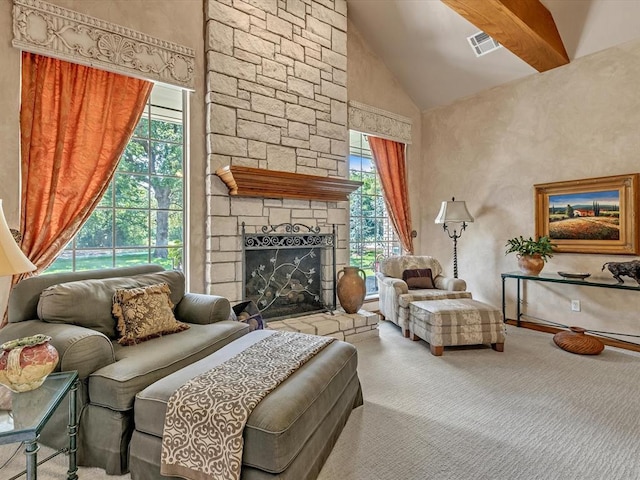 4109 Riva Ridge Ct, Edmond, OK 73003 - carpeted living room featuring high vaulted ceiling and a fireplace