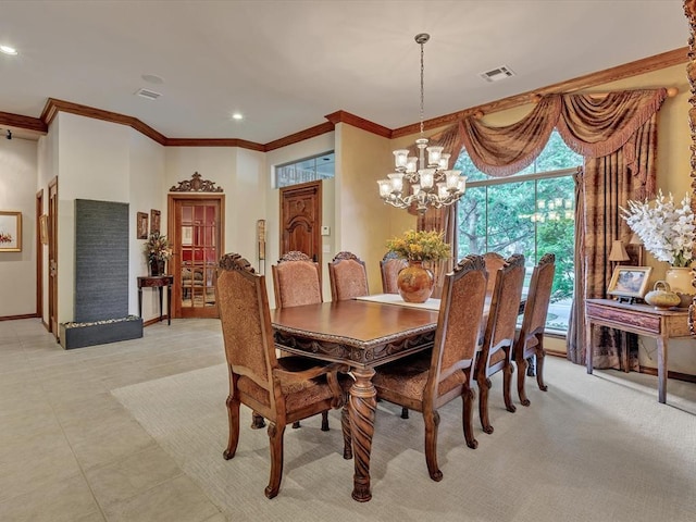 4109 Riva Ridge Ct, Edmond, OK 73003 - dining area with ornamental molding, a chandelier, and recessed lighting