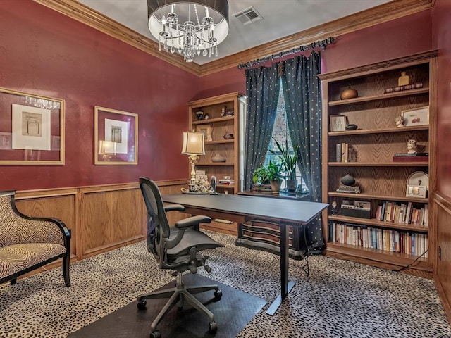 4109 Riva Ridge Ct, Edmond, OK 73003 - office space featuring ornamental molding, wainscoting, and a chandelier