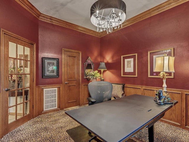 4109 Riva Ridge Ct, Edmond, OK 73003 - office featuring a chandelier, wainscoting, ornamental molding, and carpet floors
