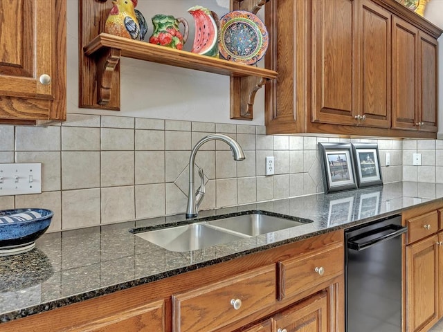 4109 Riva Ridge Ct, Edmond, OK 73003 - kitchen featuring dishwasher, brown cabinetry, dark stone counters, and tasteful backsplash