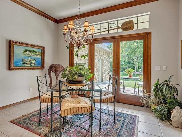 4109 Riva Ridge Ct, Edmond, OK 73003 - dining room with a chandelier, crown molding, light tile patterned flooring, and french doors