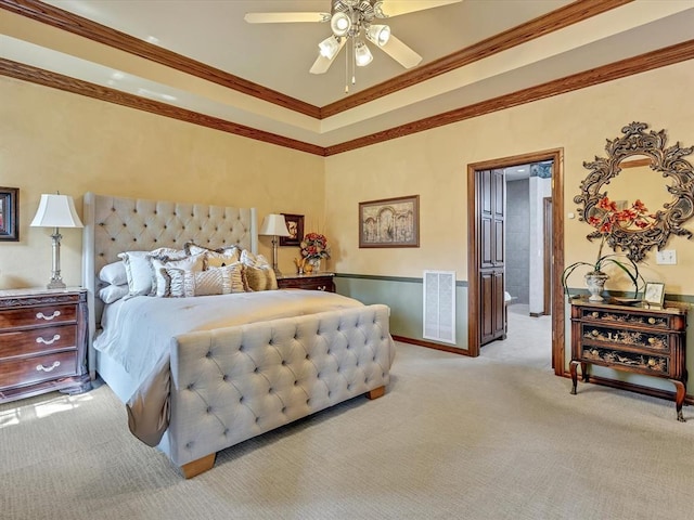 4109 Riva Ridge Ct, Edmond, OK 73003 - bedroom featuring carpet, crown molding, a ceiling fan, and a raised ceiling