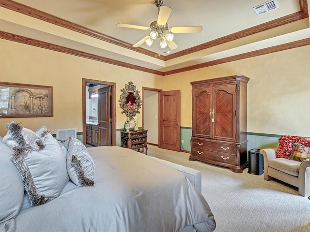 4109 Riva Ridge Ct, Edmond, OK 73003 - bedroom featuring light colored carpet, a raised ceiling, ornamental molding, ceiling fan, and ensuite bathroom
