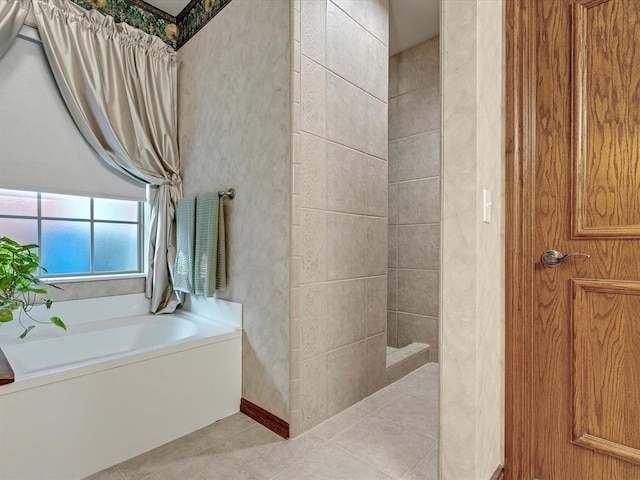 4109 Riva Ridge Ct, Edmond, OK 73003 - bathroom featuring a bath, tile patterned flooring, and a walk in shower