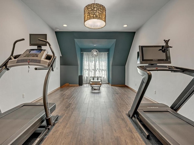 4109 Riva Ridge Ct, Edmond, OK 73003 - exercise area with wood finished floors, recessed lighting, and a chandelier