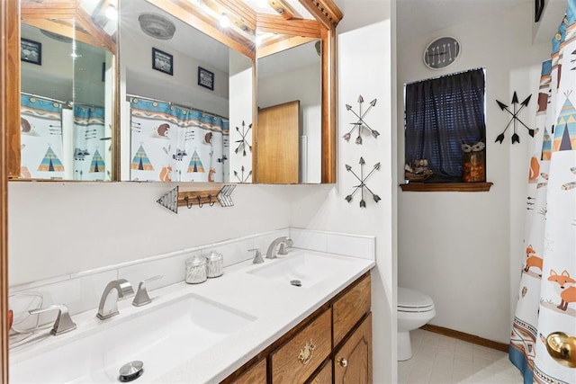 410 E Johnson St, Lexington, OK 73051 - bathroom with double vanity, a shower with shower curtain, and tile patterned flooring
