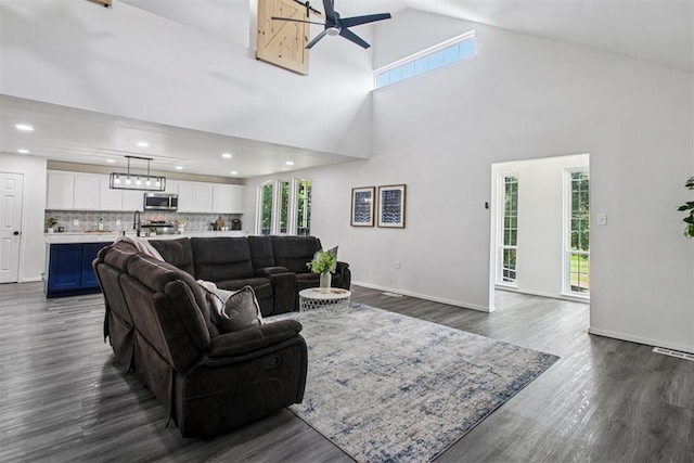 1600 Silver Stone Rd, Blanchard, OK 73010 - living room with plenty of natural light, a ceiling fan, dark wood-style floors, recessed lighting, and high vaulted ceiling