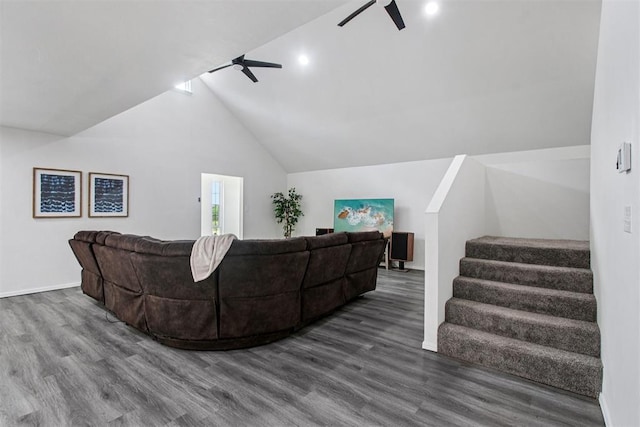 1600 Silver Stone Rd, Blanchard, OK 73010 - living area featuring ceiling fan, wood finished floors, stairway, and vaulted ceiling