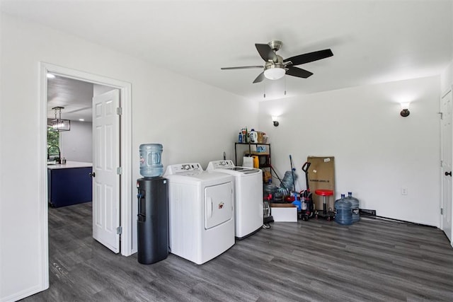1600 Silver Stone Rd, Blanchard, OK 73010 - washroom with washer and dryer, dark wood-style floors, and a ceiling fan