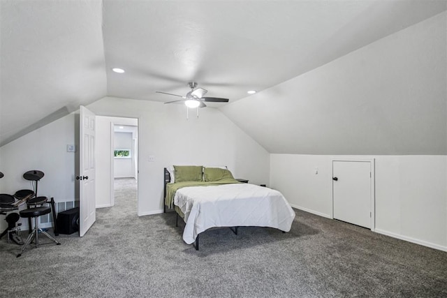 1600 Silver Stone Rd, Blanchard, OK 73010 - carpeted bedroom with lofted ceiling, ceiling fan, and recessed lighting