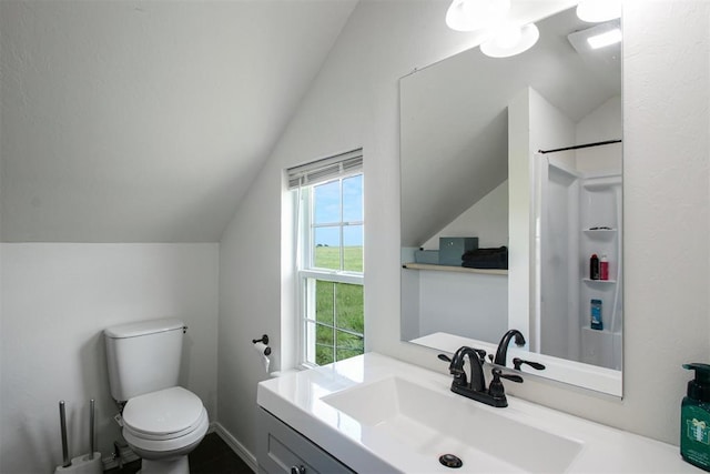 1600 Silver Stone Rd, Blanchard, OK 73010 - bathroom featuring vaulted ceiling, vanity, and a shower