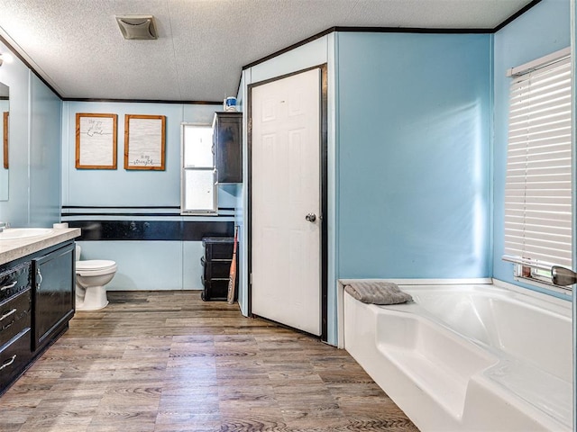 106411 Happy Trails Rd, Mcloud, OK 74851 - full bathroom featuring vanity, a garden tub, a textured ceiling, and wood finished floors