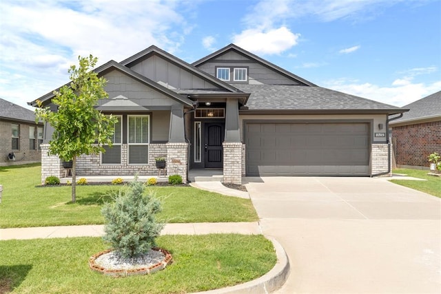 8705 Gibbs Dr, Oklahoma City, OK 73135 - craftsman inspired home with a garage, a front yard, concrete driveway, board and batten siding, and a shingled roof