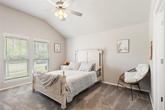 8705 Gibbs Dr, Oklahoma City, OK 73135 - bedroom with dark colored carpet, vaulted ceiling, and a ceiling fan