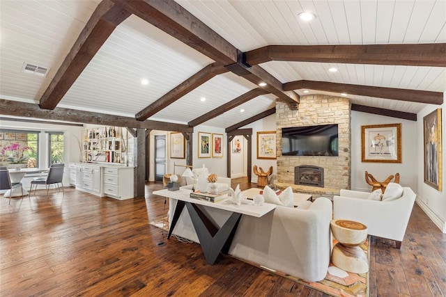 2800 E 15th St, Edmond, OK 73013 - living area featuring dark wood-style floors, wooden ceiling, a fireplace, and recessed lighting