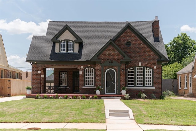 814 NE 18th St, Oklahoma City, OK 73105 - tudor house featuring brick siding, covered porch, a chimney, and roof with shingles