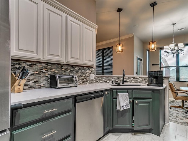 2724 SE 97th St, Oklahoma City, OK 73160 - kitchen with dishwasher, a peninsula, tasteful backsplash, a chandelier, and gray cabinets
