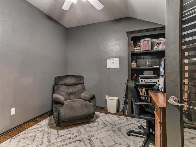 2724 SE 97th St, Oklahoma City, OK 73160 - office space with lofted ceiling, ceiling fan, wood finished floors, and a textured wall