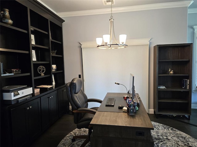 9252 Elaine Dr, Midwest City, OK 73130 - home office featuring ornamental molding, a chandelier, and dark wood-style floors