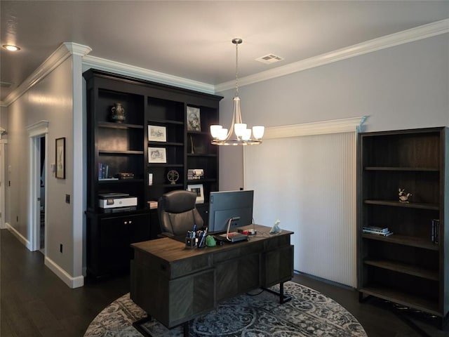 9252 Elaine Dr, Midwest City, OK 73130 - office space featuring crown molding, dark wood-style floors, and a chandelier