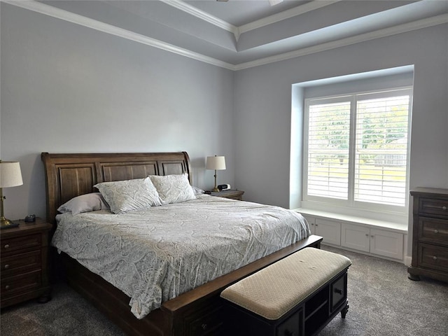 9252 Elaine Dr, Midwest City, OK 73130 - carpeted bedroom featuring crown molding and a tray ceiling