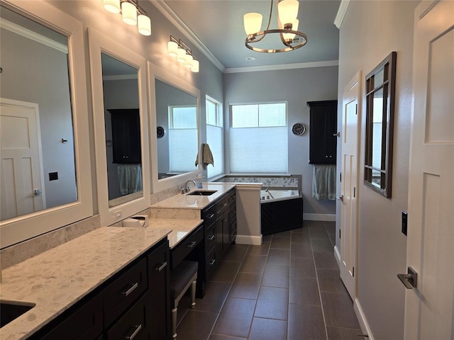 9252 Elaine Dr, Midwest City, OK 73130 - bathroom with a bath, crown molding, vanity, a chandelier, and tile patterned floors
