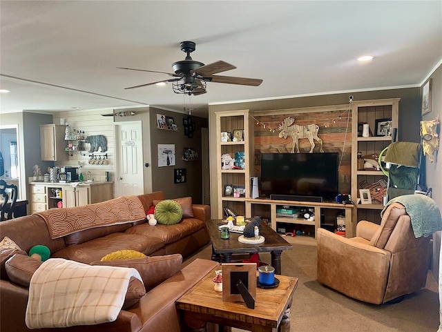 420 N College St, Cordell, OK 73632 - living room featuring carpet floors, ceiling fan, recessed lighting, crown molding, and bar