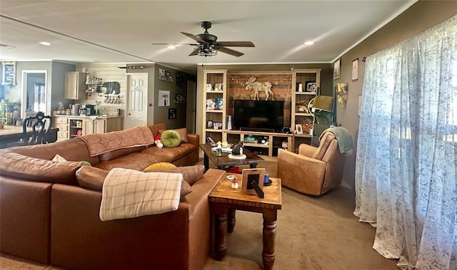 420 N College St, Cordell, OK 73632 - living room with carpet floors, ceiling fan, healthy amount of natural light, crown molding, and recessed lighting