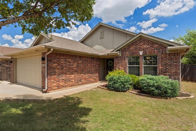 2548 NW 184th St, Edmond, OK 73012 - ranch-style house featuring an attached garage, brick siding, board and batten siding, concrete driveway, and a shingled roof