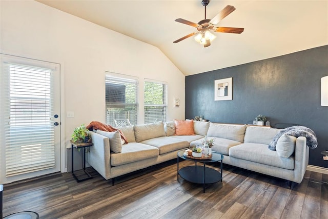 2548 NW 184th St, Edmond, OK 73012 - living area with dark wood-style floors, vaulted ceiling, and a ceiling fan