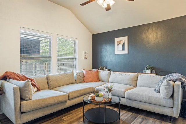 2548 NW 184th St, Edmond, OK 73012 - living room with a ceiling fan, wood finished floors, and vaulted ceiling