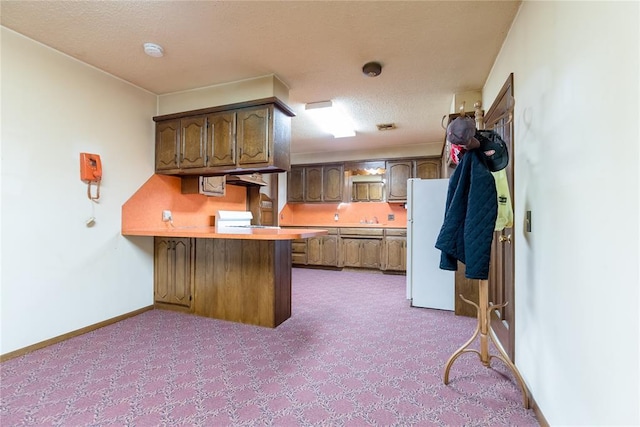 1319 N Cook, Cordell, OK 73632 - kitchen featuring a peninsula, freestanding refrigerator, light colored carpet, light countertops, and range