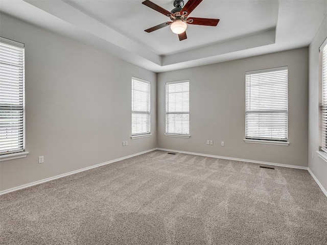 3004 Twin Lake Dr, Moore, OK 73165 - spare room with a tray ceiling, a ceiling fan, and carpet