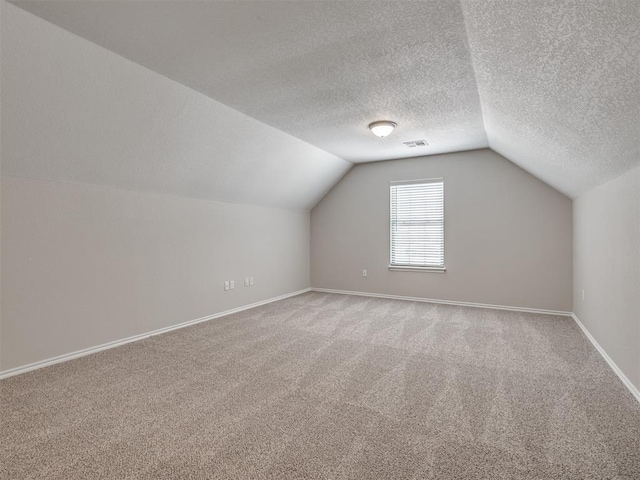3004 Twin Lake Dr, Moore, OK 73165 - additional living space with vaulted ceiling, carpet, and a textured ceiling