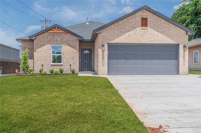 219 SE 45th St, Oklahoma City, OK 73129 - view of front of home with driveway, a front yard, an attached garage, brick siding, and a shingled roof
