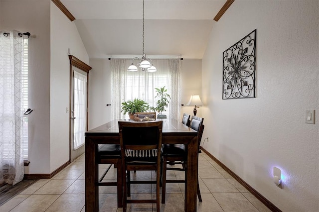 10633 NW 38th St, Yukon, OK 73099 - dining room featuring vaulted ceiling, a chandelier, and light tile patterned floors